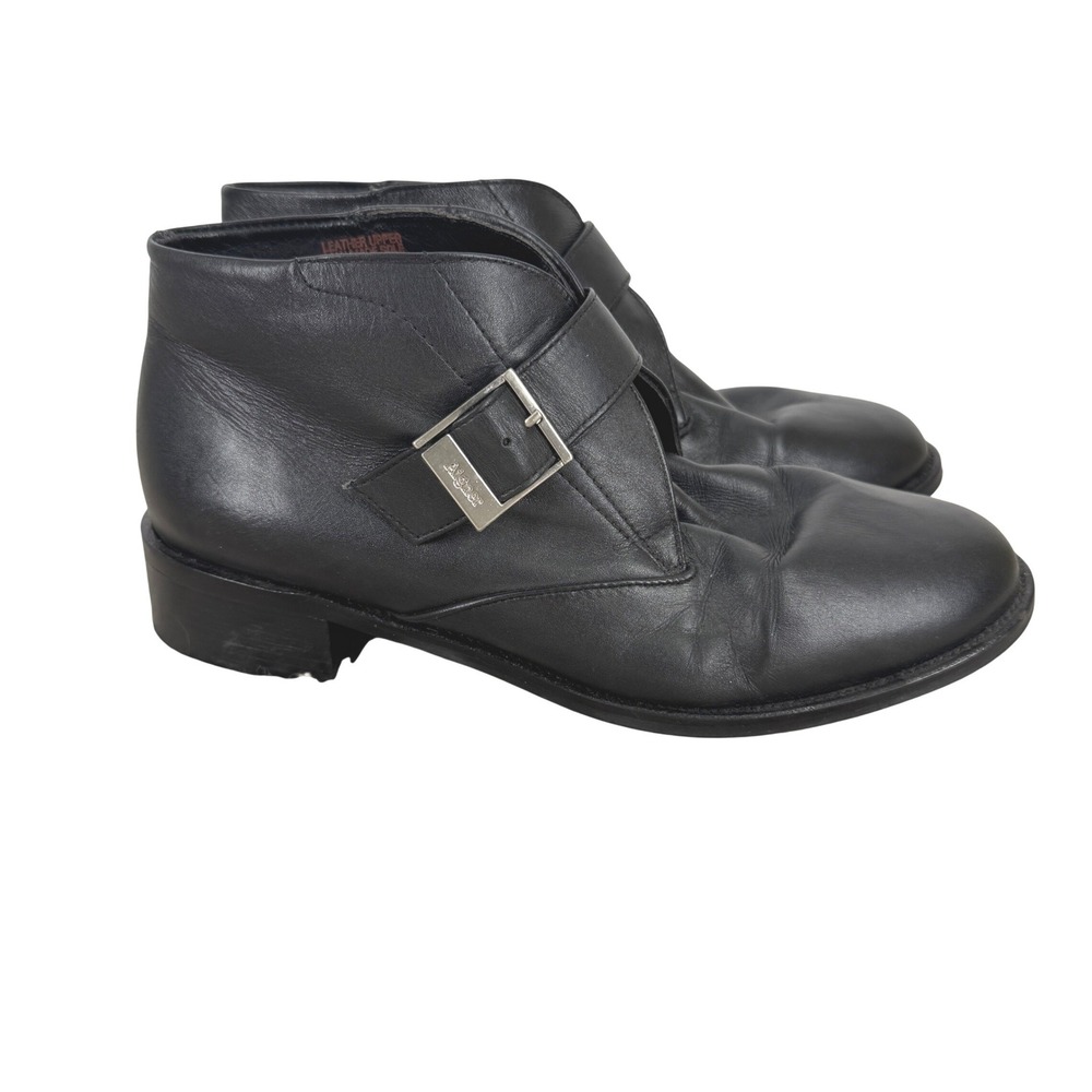 Etienne Aigner Leather Monk Strap Ankle Boots Vintage 8W Block Heel Preppy Black